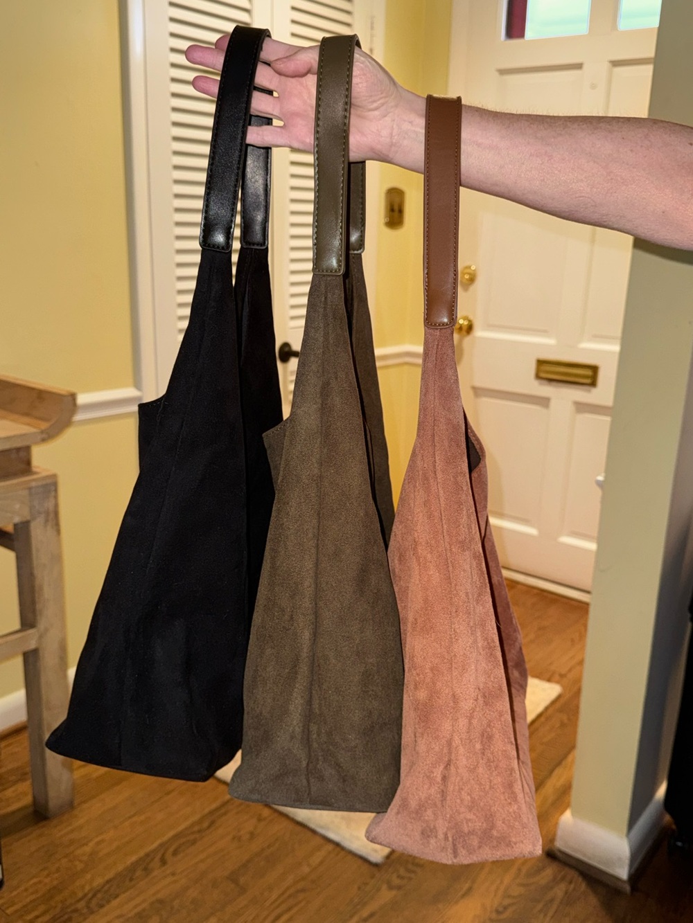 Black, Brown, And Tan Faux-Suede Shoulder Bags